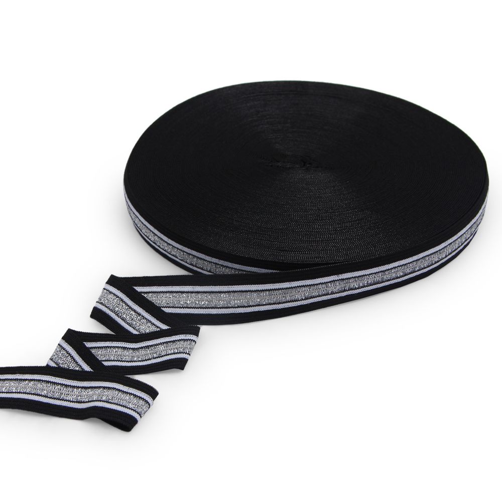 Тесьма лампасная эластичная 20.0 мм / 25 метров, черный/серебро