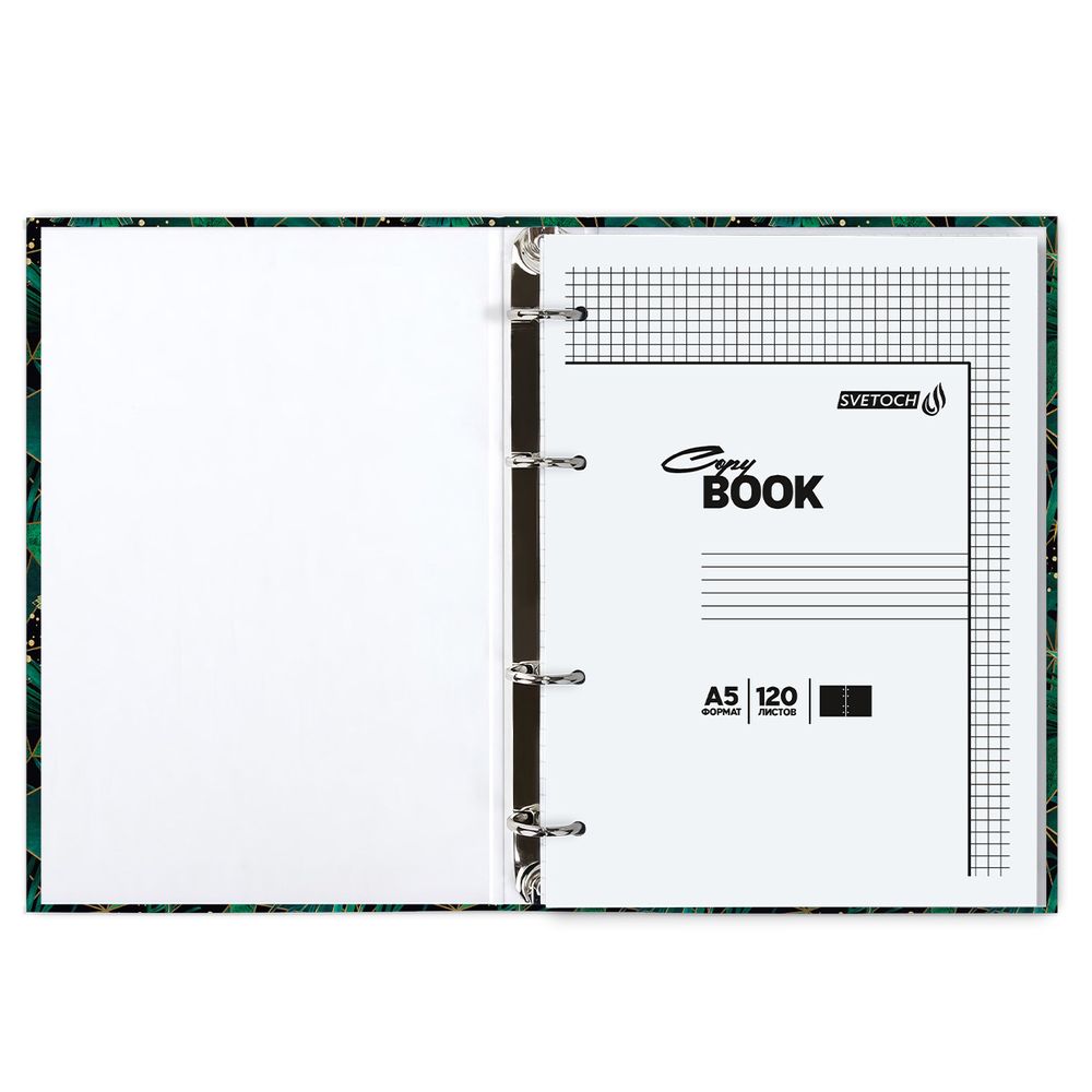 Тетрадь общая со сменным блоком, глянцевая ламинация, A5 160 л. на 4 кольцах 65 г/м², белизна 100% 12 шт, клетка, 000661 Зелёный калейдоскоп, Светоч ТЕТ160-001