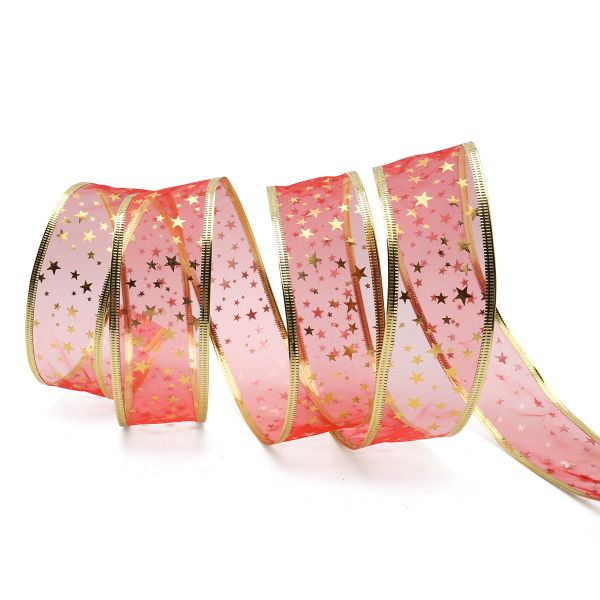 Лента упаковочная (органза) красный/золото 5см, 10м, QR-016