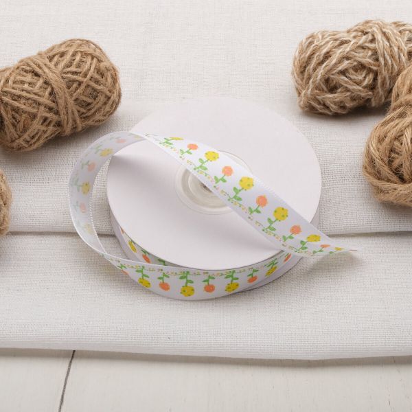 Лента атласная с рисунком 15.0 мм / 22.5±1 метров, Цветы, белый, Globus