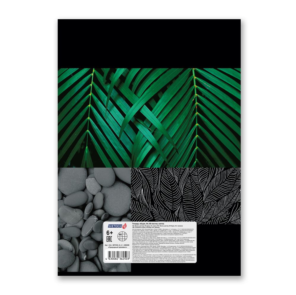 Тетрадь ученическая общая, твин лак, A4 80 л. на скобе 65 г/м², белизна 100%, 6 шт, клетка, 000456 Природный орнамент, Светоч 80ТСК4_8_2_1