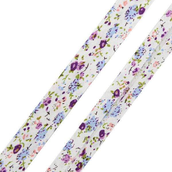 Косая бейка хлопковая с рисунком Цветы 15 мм / 5 метров, FBF39 сиреневый