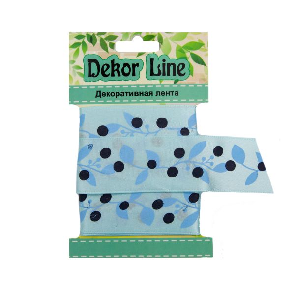 Лента атласная с рисунком 25.0 мм / 3 метра, Ягодная ветвь (голубой), Globus