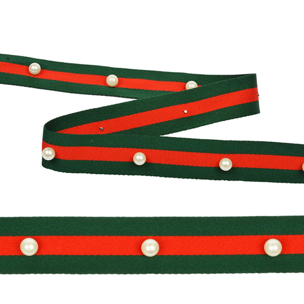 Тесьма-стропа TY Лампас с бусинами 25 мм, зеленый/красный, уп.13.71м