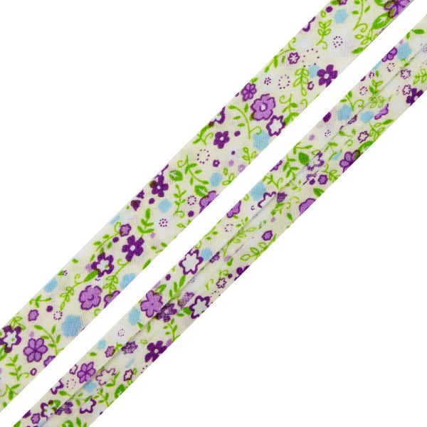 Косая бейка хлопковая с п/э Полевые цветы 15 мм / 65.8 метров, FBF108 салатовый