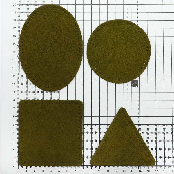 Набор заплаток пришивных из замши, круг, квадрат, треугольник, овал 8см, с перфорацией, 4 шт (33 хаки), 59743