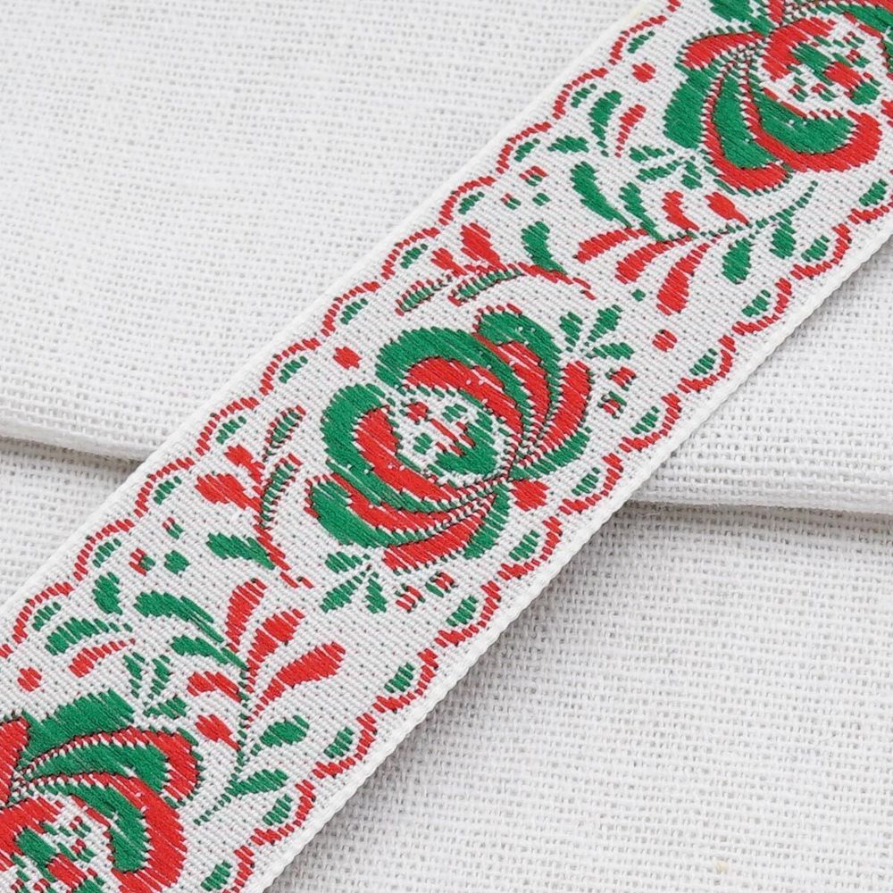 Лента (тесьма) жаккардовая 32.0 мм / 25±1 метров, рис. 9581 Гжель, (4 белый/красный/зеленый) С1853Г17