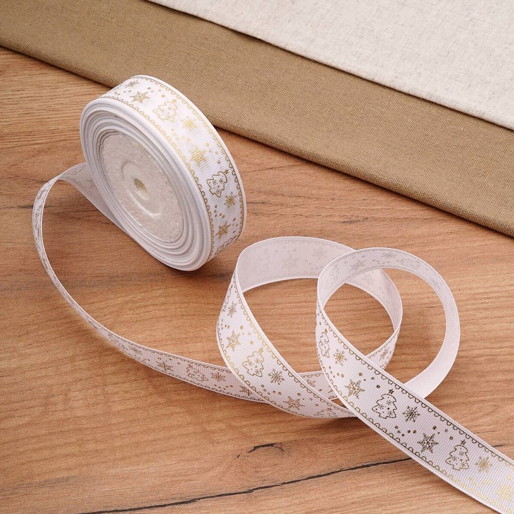 Лента репсовая (в рубчик) Новый год 25мм / 22.86±1 метров, цв. белый, 3AR3009