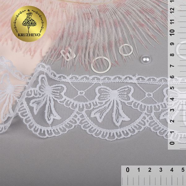 Кружево на сетке с матовой нитью с бантиками 060 мм, диз. 196, цв.01 белый уп. 13.71 м, Kruzhevo
