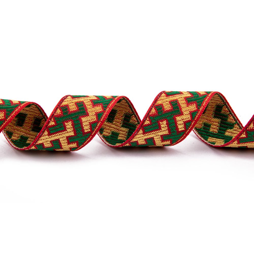 Лента (тесьма) жаккардовая 24.0 мм / 25±1 метров, рис.9615, Орнаменты и узоры народов севера, красный-желтый-зеленый, Gamma С3772Г17 рис.9615