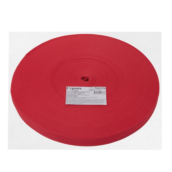 Стропа (ременная лента) 20 мм / 50 метров, толщ. 1.1 мм, [10 г/пог.м], 100% п/п, 148 красный, Gamma G-20 ЦВ