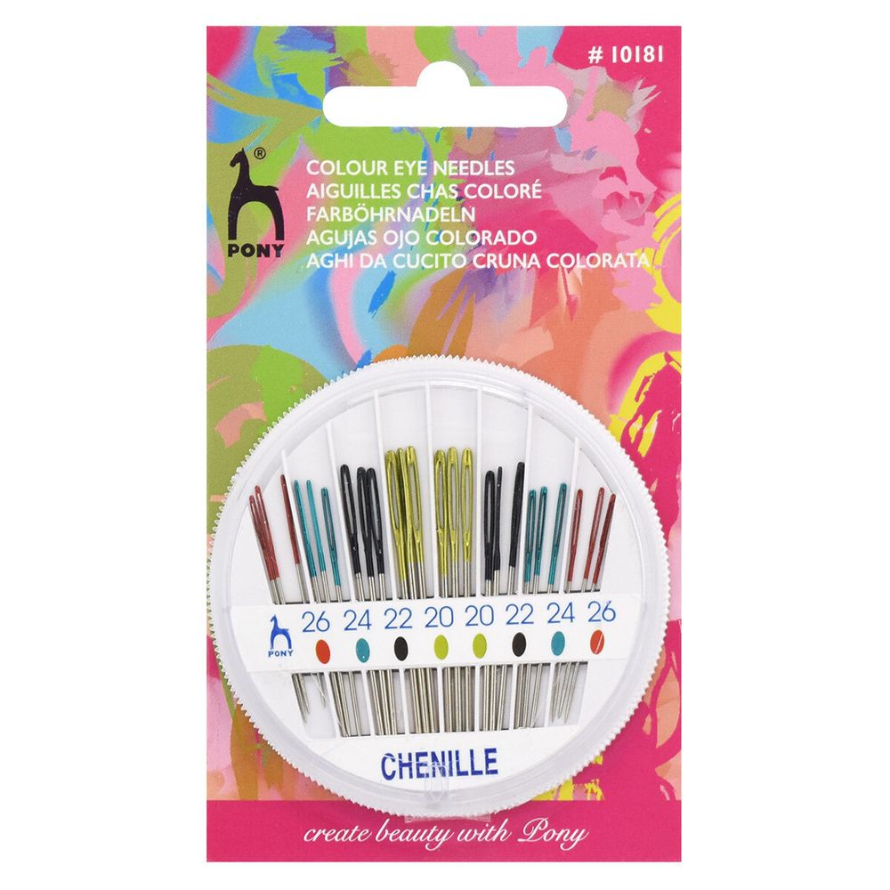 Иглы ручные для синели, глади с цветным ушком, №20-26,24 шт, в розетке, Pony