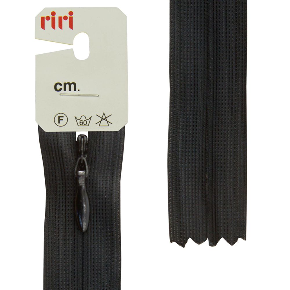 Молния скрытая (потайная) RIRI Т3 (3 мм), н/раз., 18 см, цв. тесьмы 2110, черный, упак. 5 шт