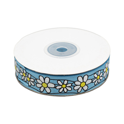 Лента репсовая (в рубчик) Ромашки 1,5см*22.86 м (голубой)