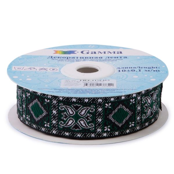 Лента (тесьма) жаккардовая 25.0 мм / 10±0.5 метров, черный/зеленый, Gamma TRJ-119(46)