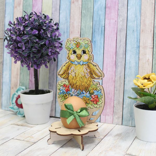 Набор для вышивания на деревянной основе Подставка под пасхальное яйцо. Цыпленок 9х9х18см, О-049