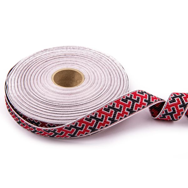 Лента (тесьма) жаккардовая 24.0 мм / 25±1 метров, рис.9615, Орнаменты и узоры народов севера, белый-красный-черный, Gamma С3772Г17 рис.9615