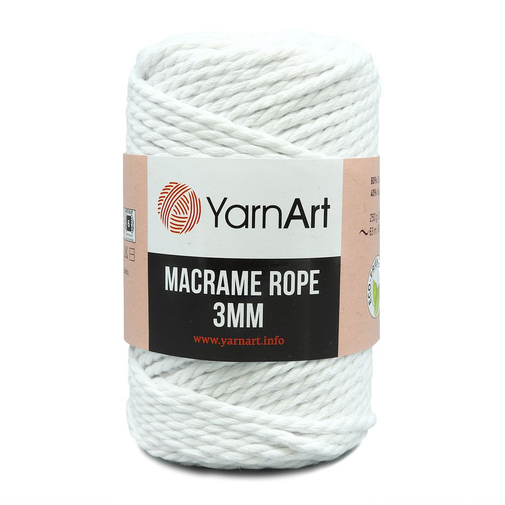 Пряжа YarnArt (ЯрнАрт) Macrame Rope 3мм / уп.4 мот. по 250 г, 63м, 751 белоснежно-белый