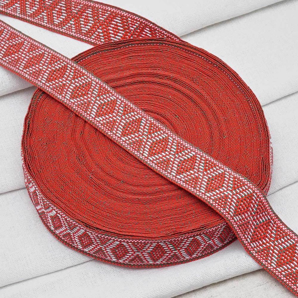 Лента (тесьма) жаккардовая 30.0 мм / 25±1 метров, рис. 9854, красный/зеленый/белый, С3881Г17