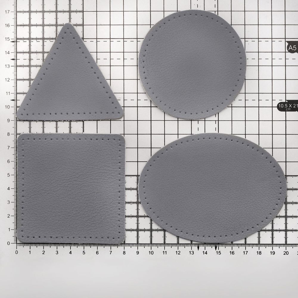 Набор заплаток пришивных из кожи, круг, квадрат, треугольник, овал 8см, с перфорацией, 4 шт (07 серый), 9743