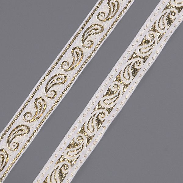Тесьма декоративная металлизированная Пейсли 15 мм / 25 метров, 15006 белый/золото