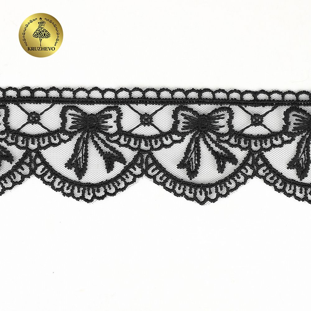 Кружево на сетке матовая нить с бантиками 60 мм, цв.черный, 10 метров, Kruzhevo