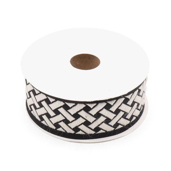 Лента (тесьма) жаккардовая 35.0 мм / 10±0.5 метров, бордюр Плетеный орнамент 35274 V9 черный/серебро