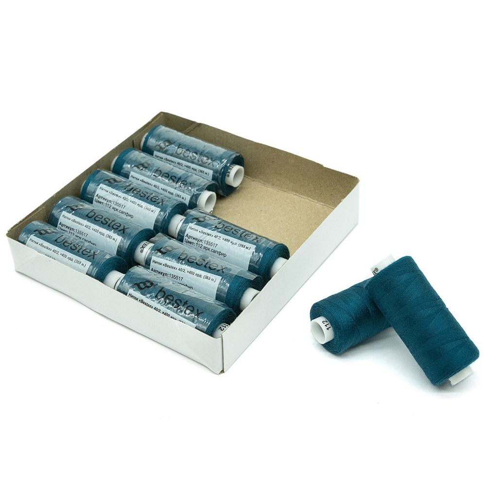 Нитки швейные бытовые Bestex 40/2, 365 м (400 ярд) / 10 кат., 112 зелено-синий