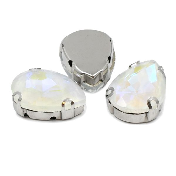 Хрустальные стразы в цапах формы капля, белый с покрытием AB 13х18 мм, 3 шт., АЦ002НН1318