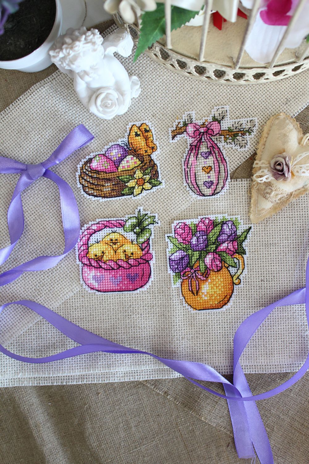 Набор для вышивания нитками МП Студия (Жар-птица), Цыплята и верба Магниты, 7х7 см