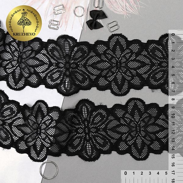 Кружево эластичное (стрейч) 75 мм, 256, цв.02 черный уп. 25 м, Kruzhevo