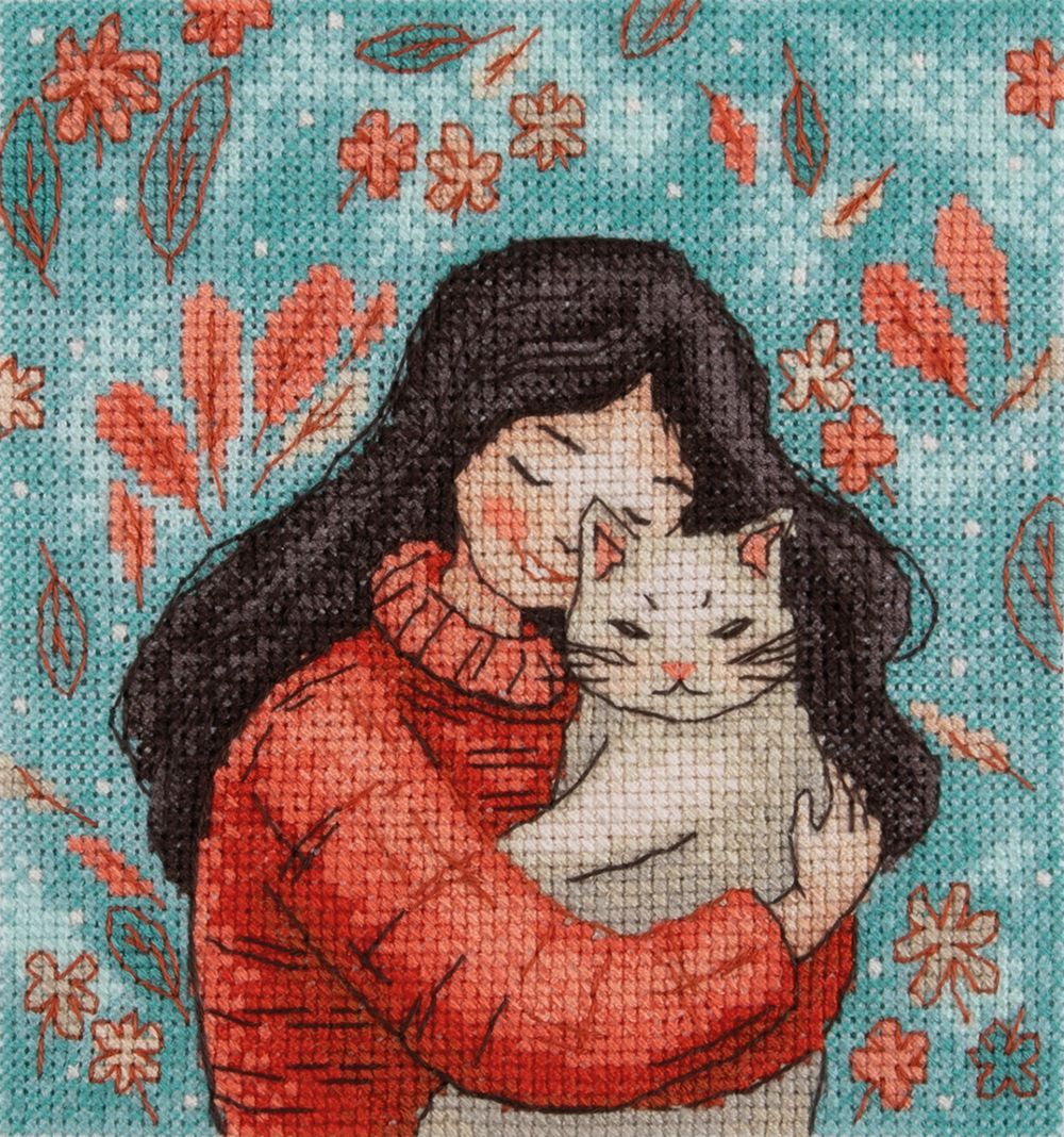 Набор для вышивания нитками Klart 8-559, Девушка с котом, 12х13 см