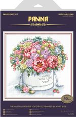 Набор для вышивания нитками Panna, Золотая серия, Пионы в шляпной коробке, 33х32 см