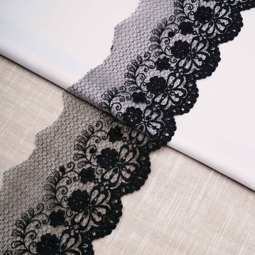 Кружево на сетке 105 мм / 3.4 метра ±4 см, черный, 3AR3490