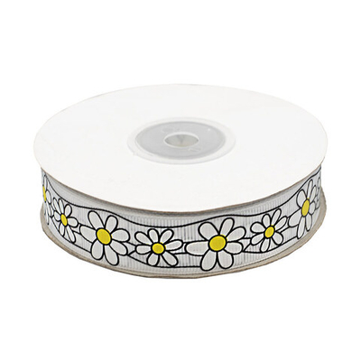 Лента репсовая (в рубчик) Ромашки 1,5см*22.86 м (белый)