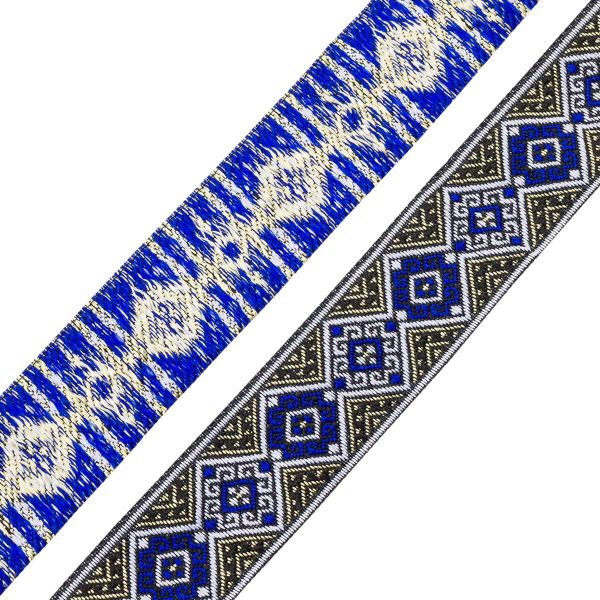 Лента (тесьма) жаккардовая 35.0 мм / 7 метров, золото/синий, 4101-1