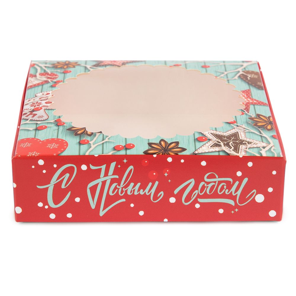 Коробка с окном для печенья 11.5х11.5х3 см, №1 Новогодние чудеса, S-Chief CBC-005