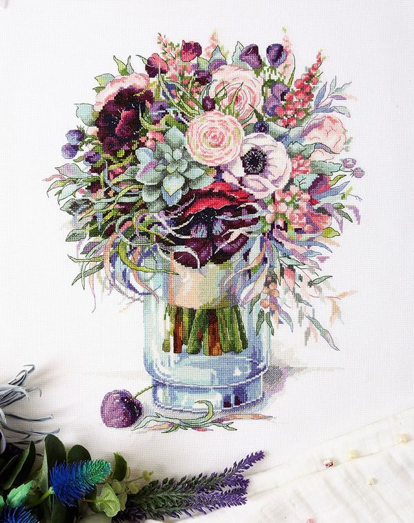 Набор для вышивания нитками Panna, Золотая серия, Букет с анемонами, 31х37,5 см