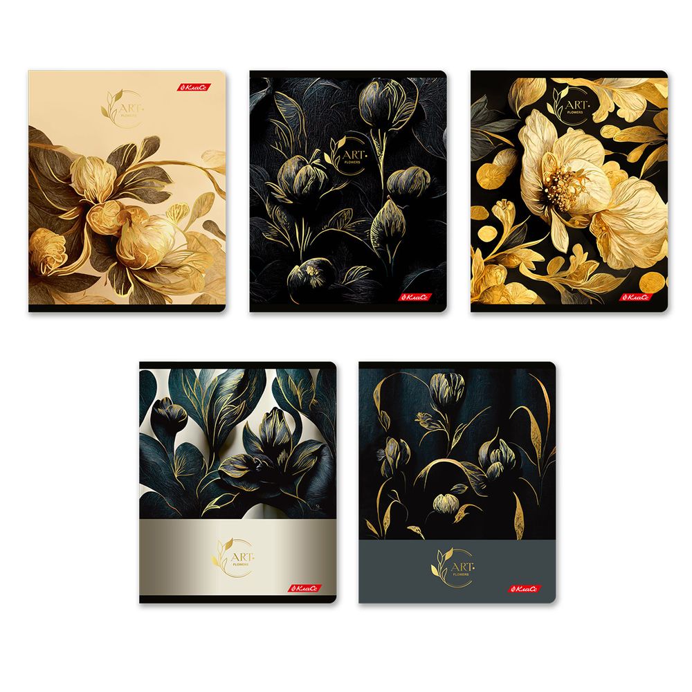 Тетрадь ученическая общая, матовая ламинация + тиснение золотой фольгой, A5+ 48 л. на скобе 65 г/м², белизна 100%, 10 шт, клетка в термоусадочной пленке, 000737 Золотой цветок, Светоч 48ТЕТк-008