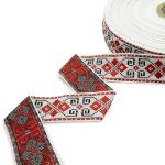 Лента (тесьма) жаккардовая 24.0 мм / 25±1 метров, Славянский орнамент Оберег, рис.9456 белый/красный, С3772Г17