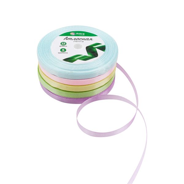 Набор атласных лент 5 цветов по 6.0 мм / 23 метра, пастельный микс