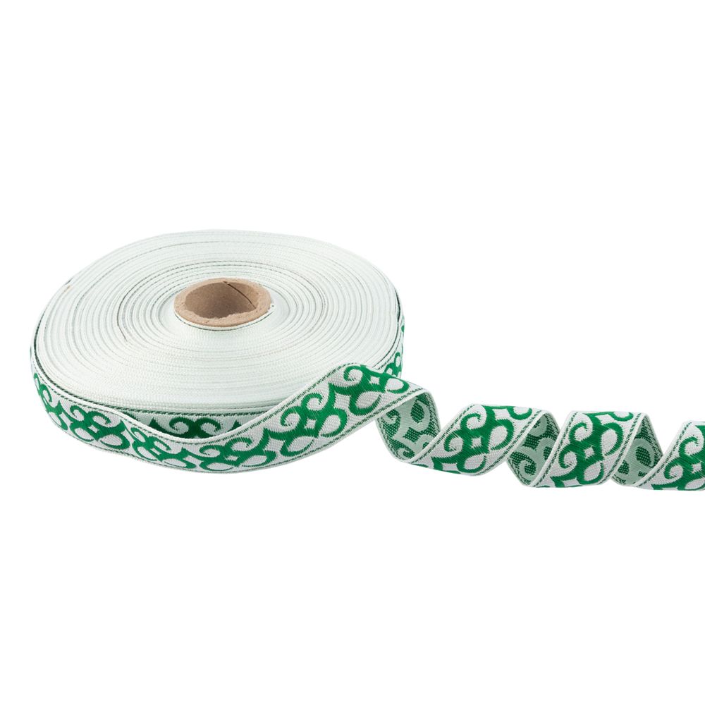 Лента (тесьма) жаккардовая 24.0 мм / 25 метров, Орнамент для северных народов, рис 9787 белый/зеленый (№2), Gamma С3772