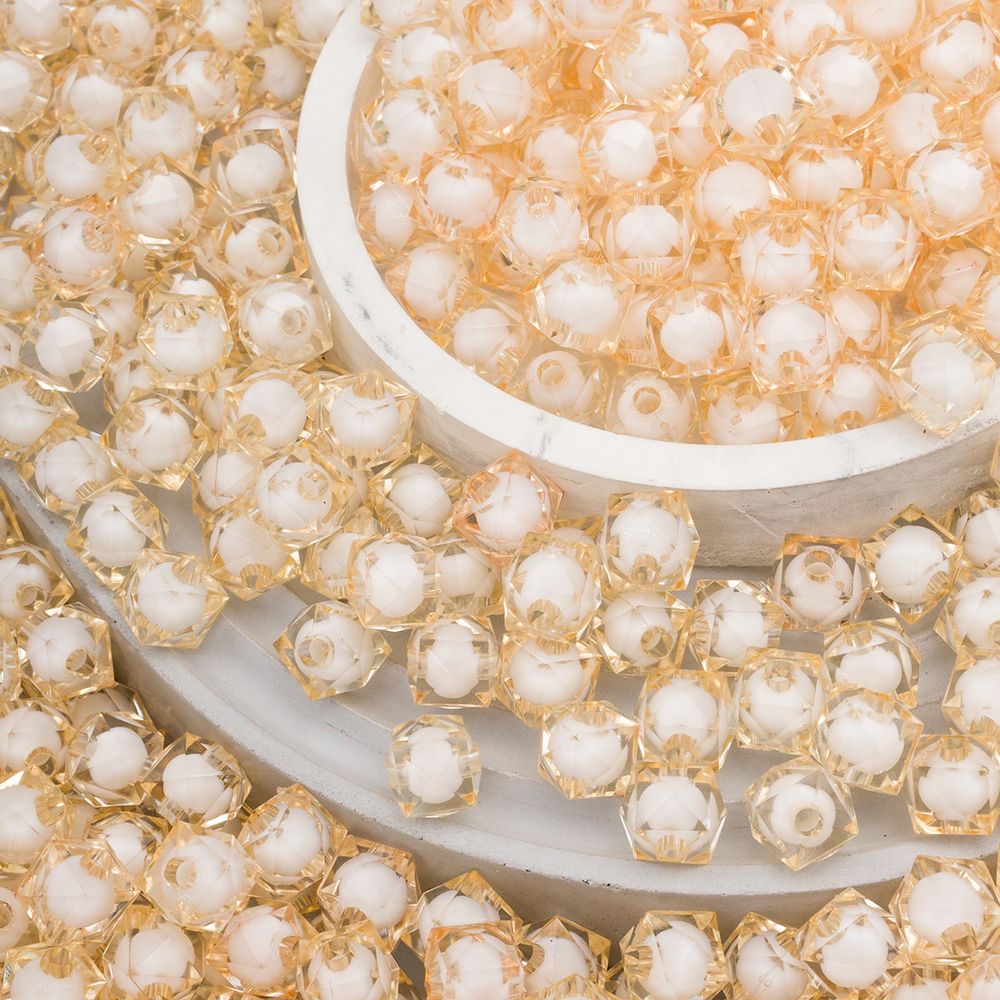 Бусины акрил ⌀10 мм, 500 г, в цвете с белой сердцевиной, граненый куб, 35 бежевый, Astra&Craft