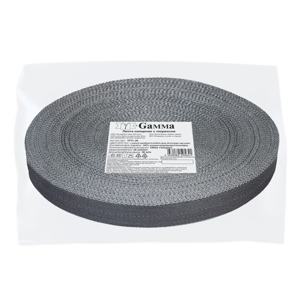 Тесьма (лента) киперная п/э с люрексом 20 мм / 50 метров, т.серый-серебристый/dark grey-silver, Gamma TPTL-20