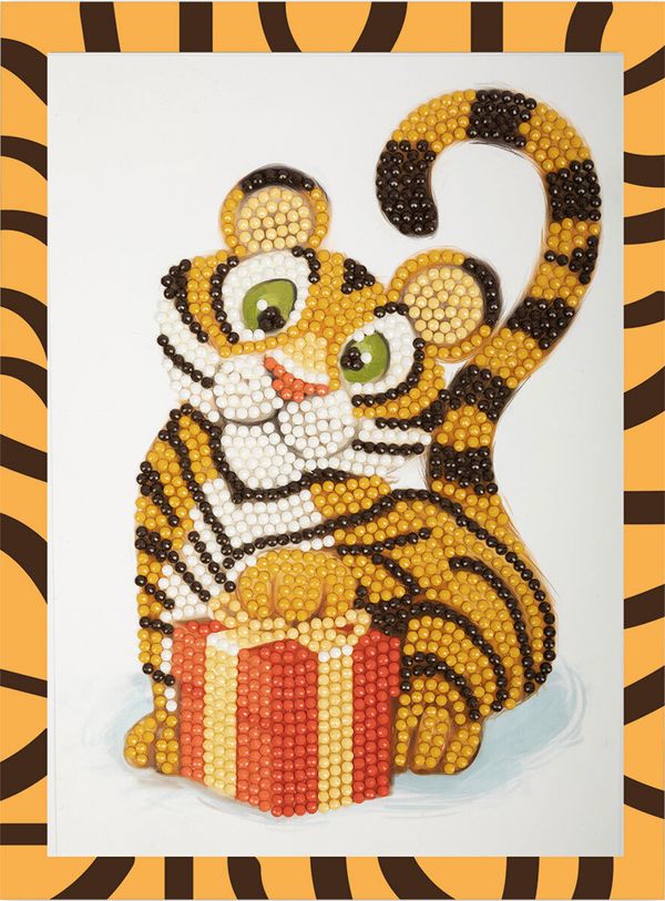 Алмазная (кристальная) мозаика Фрея, Тигренок с подарком, 14х19.5 см