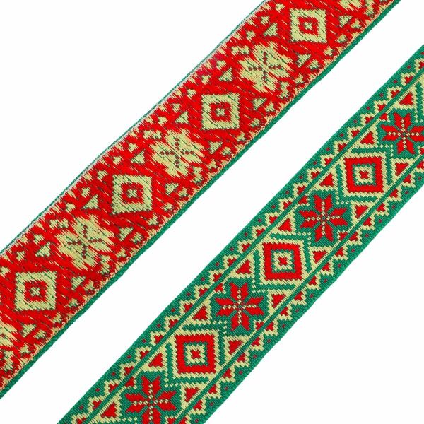Лента (тесьма) жаккардовая 32.0 мм / 25±1 метров, рис. 9472, (зеленый/красный/желтый) С1853Г17