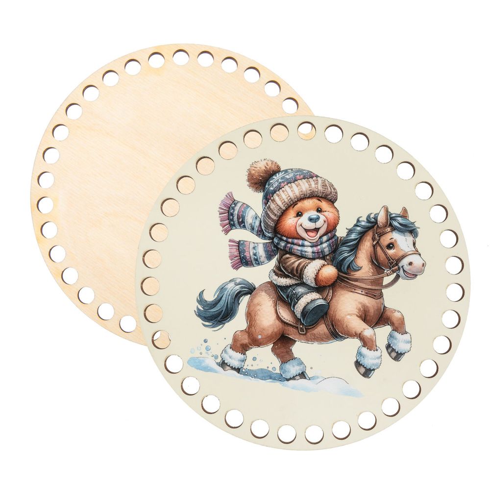 Набор донышек для вязания Матовый фанера ⌀15х0.4 см, 2 шт, 09 Мишка на лошади, Love2art ДВ-02