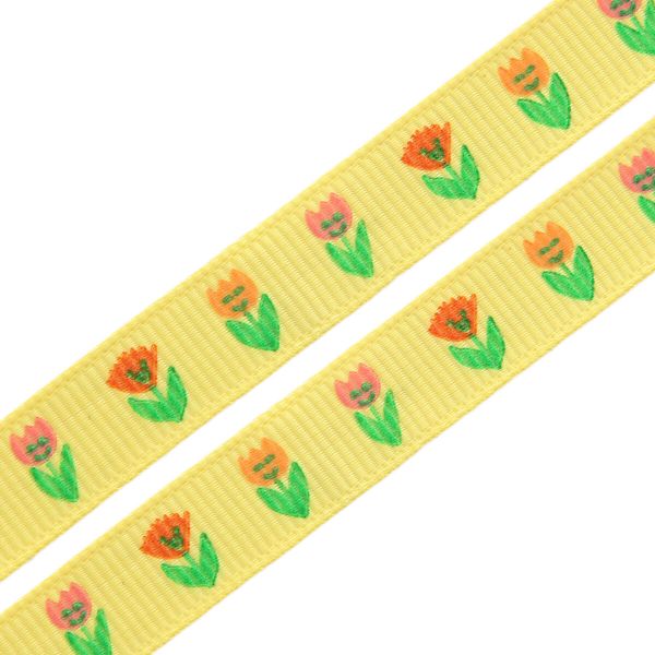 Лента репсовая (в рубчик) Тюльпаны, 10 мм, 3м, желтый