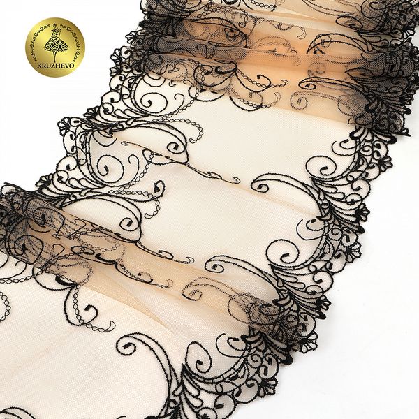 Кружево на сетке (вышитое) арт.T104 220мм цв.черный+телесный, правая уп.6,5м, Kruzhevo