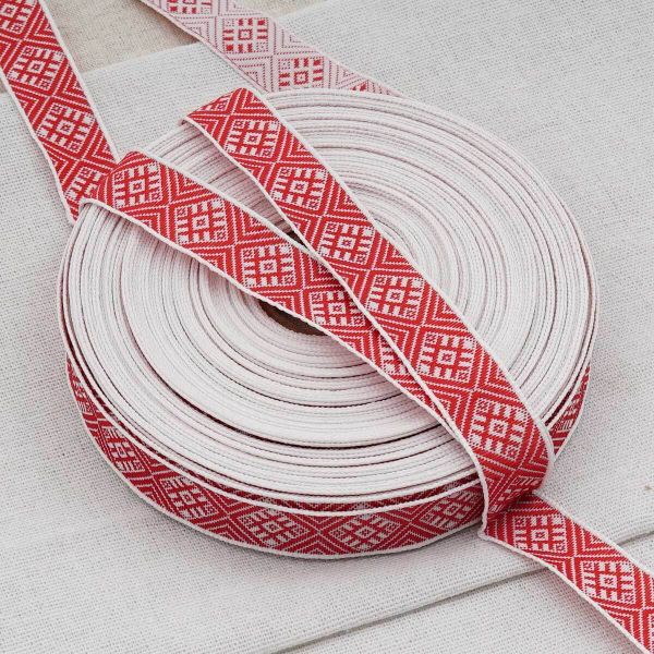 Лента (тесьма) жаккардовая 18.0 мм / 25±1 метров, Славянский орнамент Оберег, рис.9649 (1 белый/красный) С3771Г17
